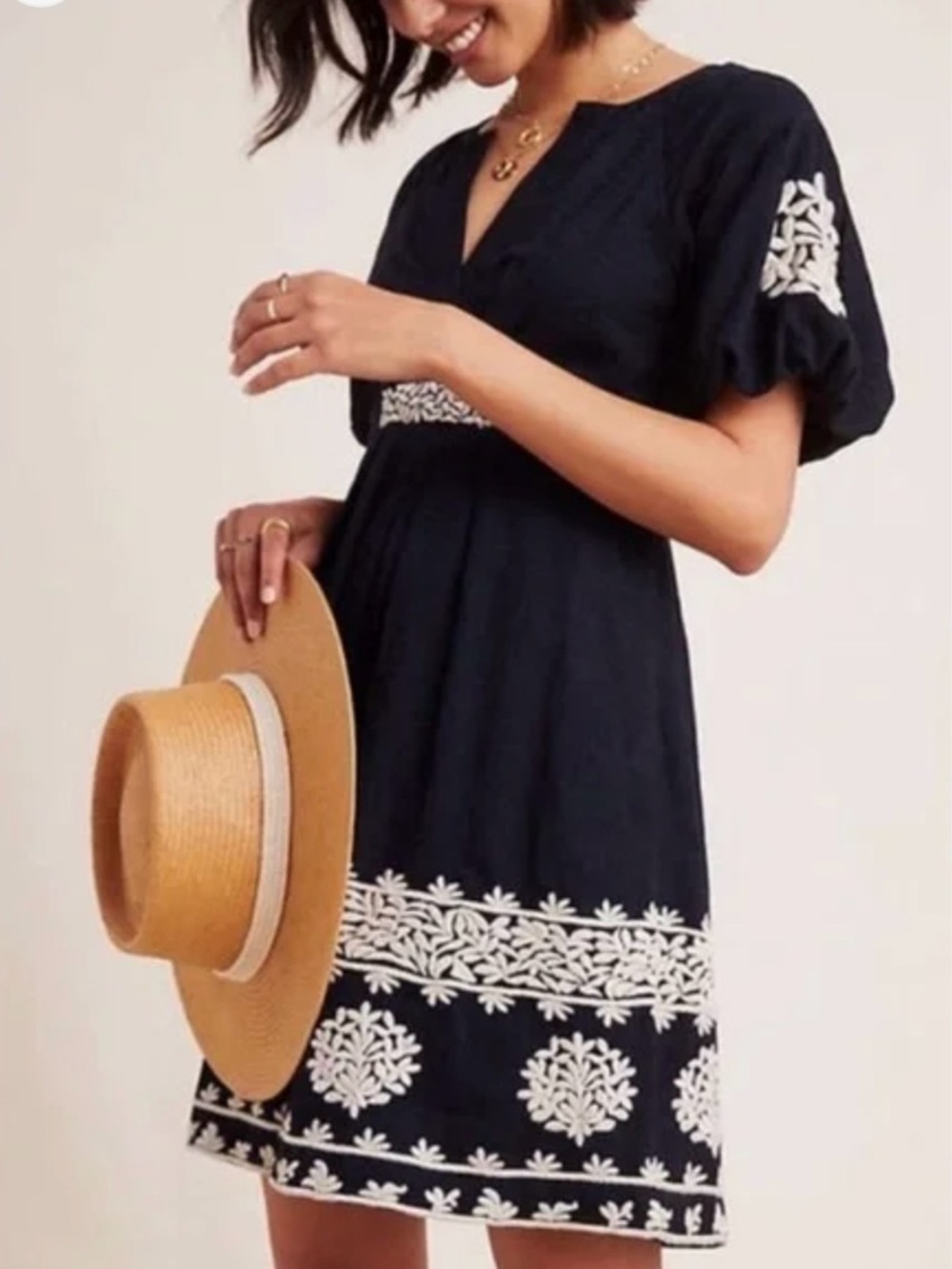 Anthropologie Orla Embroidered Short Puff Sleeves Navy Cream Mini Dress SZ 10